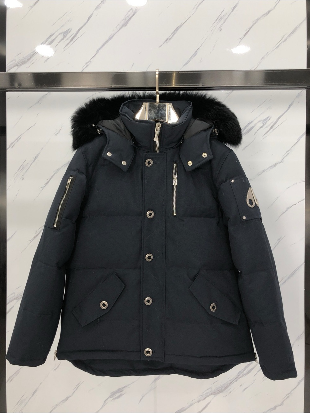 Moose Knuckles Men's Black Puffer Parka with Fur-Trim Hood